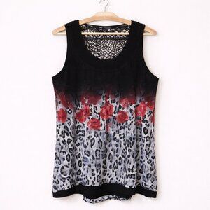 PICADILLY | Black & Red Floral Leopard Print Sleeveless Tank Top – Women’s Large